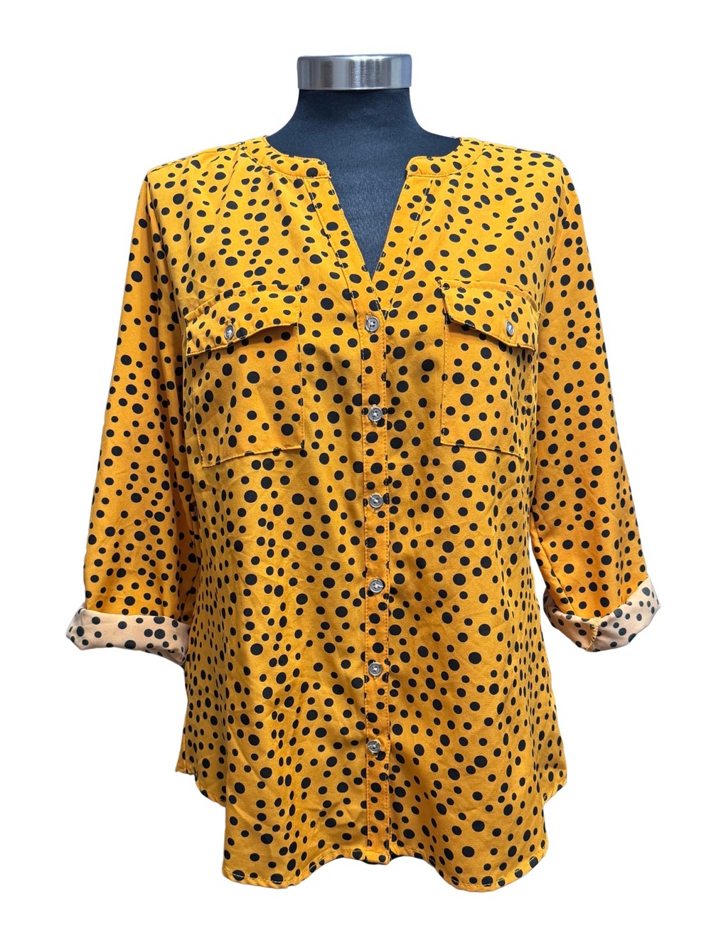 Notations Mustard Black Polka Dot Button Front Blouse Size Medium